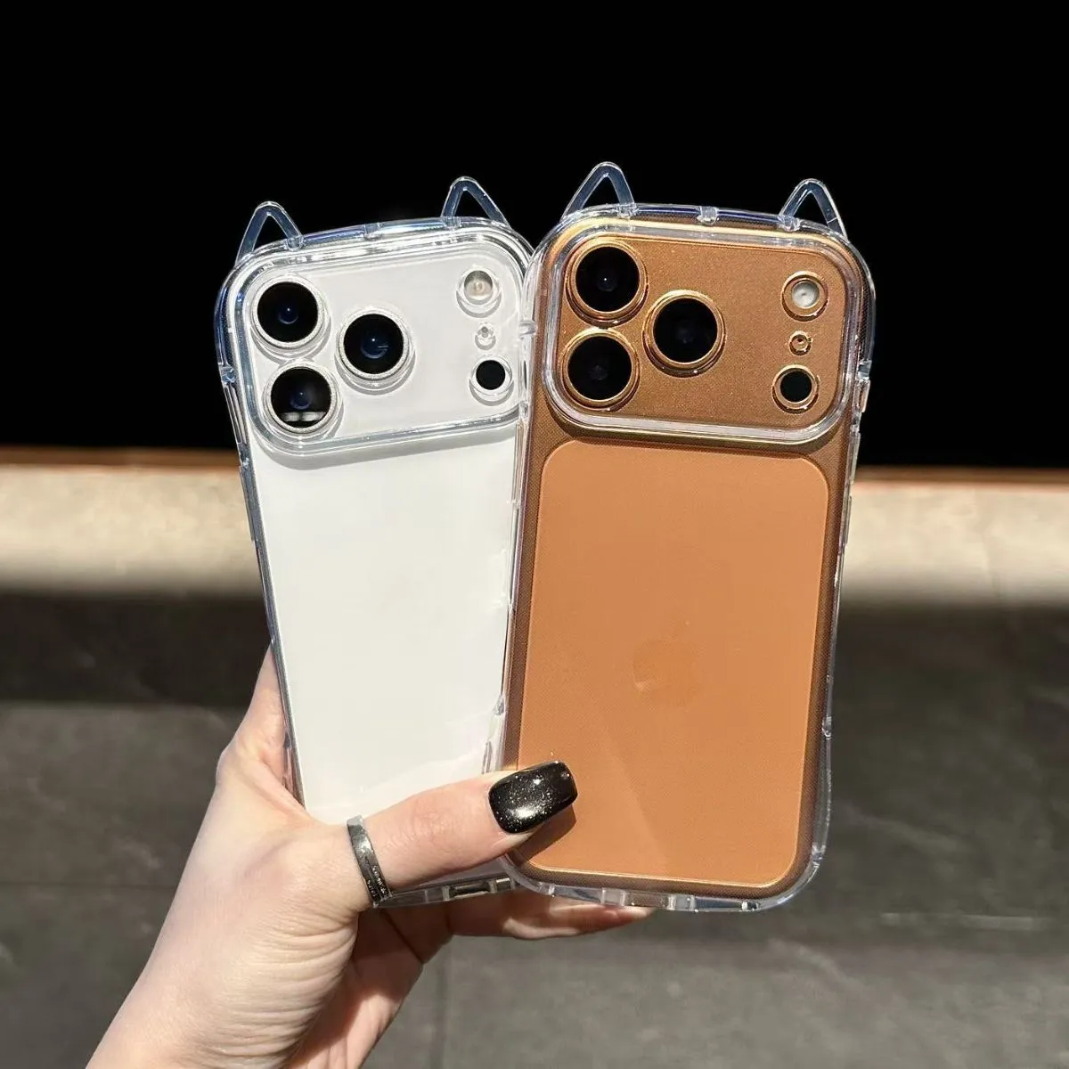 Cat Ear Design Transparent Airbag Shockproof Case for iPhone 17 Pro Max, Cute Bumper Cover Compatible with 16 Pro Max & 15 Pro Max, Drop-Proof Protective Shell